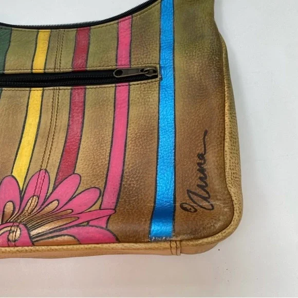 Anuschka Leather Hand Painted Flower Boho Hobo Shoulder Bag - Picture 7 of 9